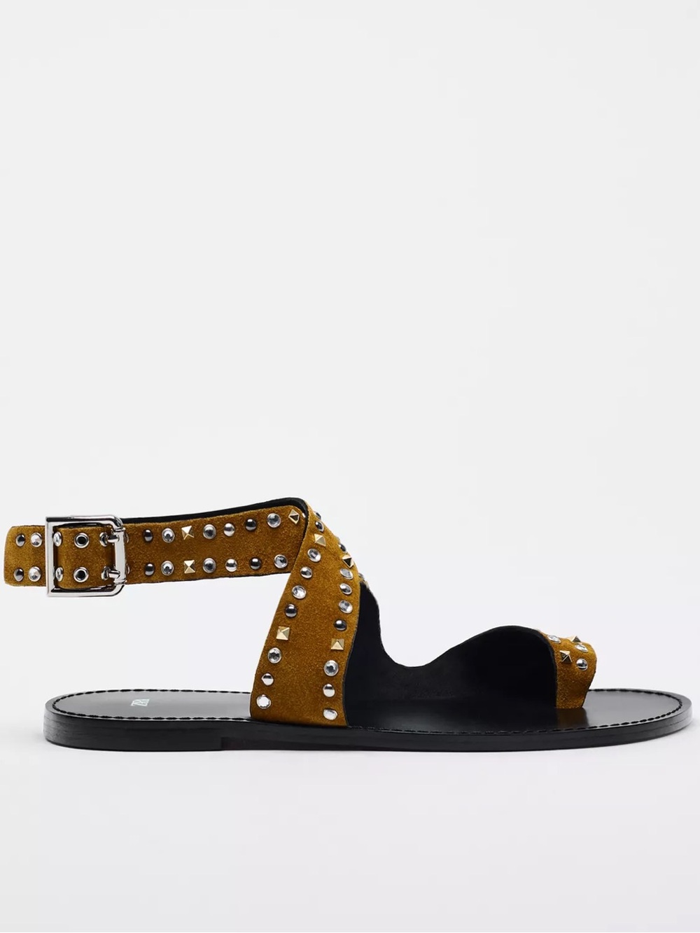 ZARA studded flat suede sandals size 40 Ankle-Strap Sandal - camel color